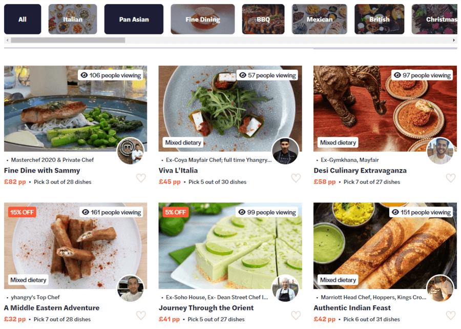 Yhangry marketplace private dining menu and booking page