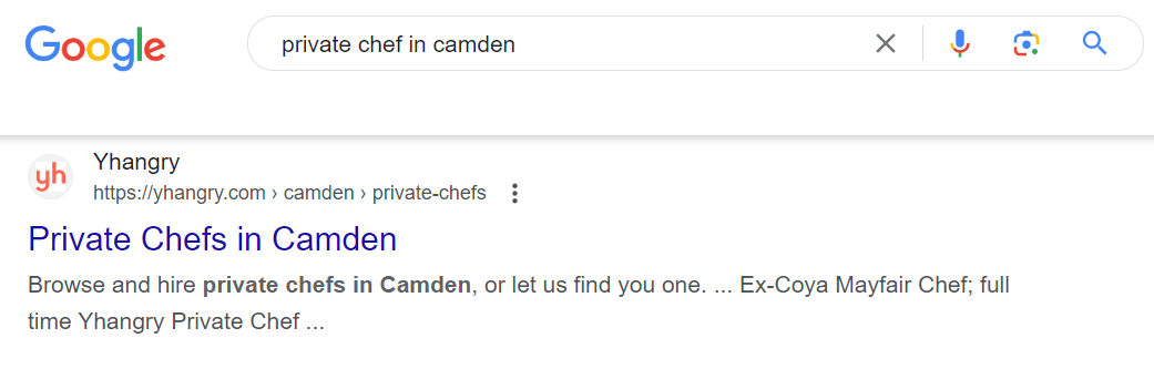 First-page Google ranking for a local private chef search