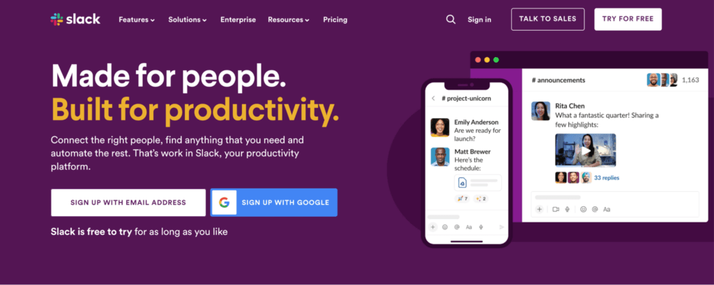Slack’s homepage uses a purple color palette and details its value proposition for productivity.