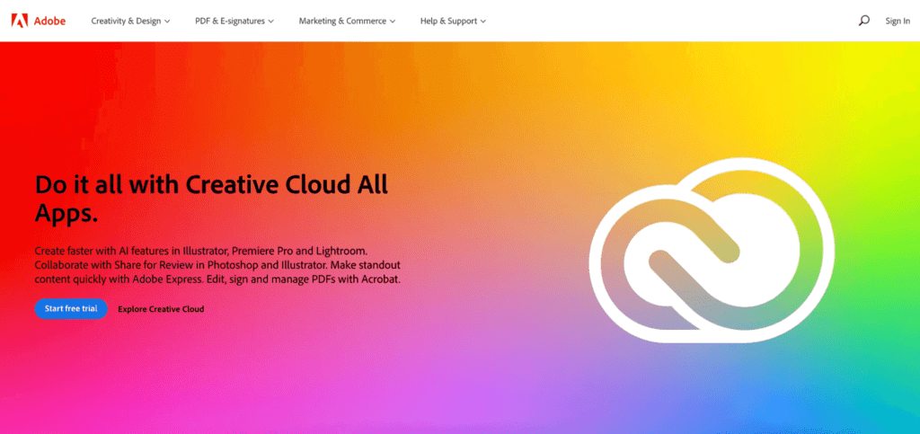 On a rainbow-colored background, there is black text and the Adobe logo.