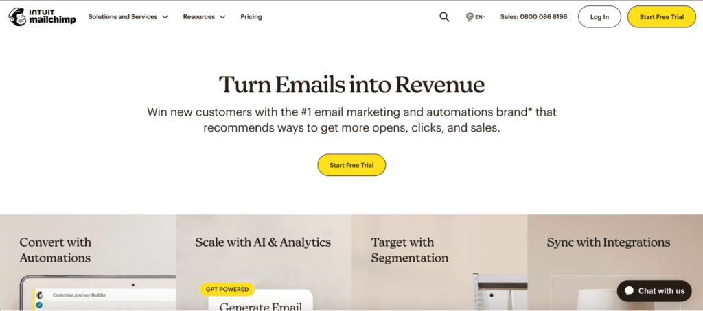Mailchimp uses a white and beige theme to show their email software.