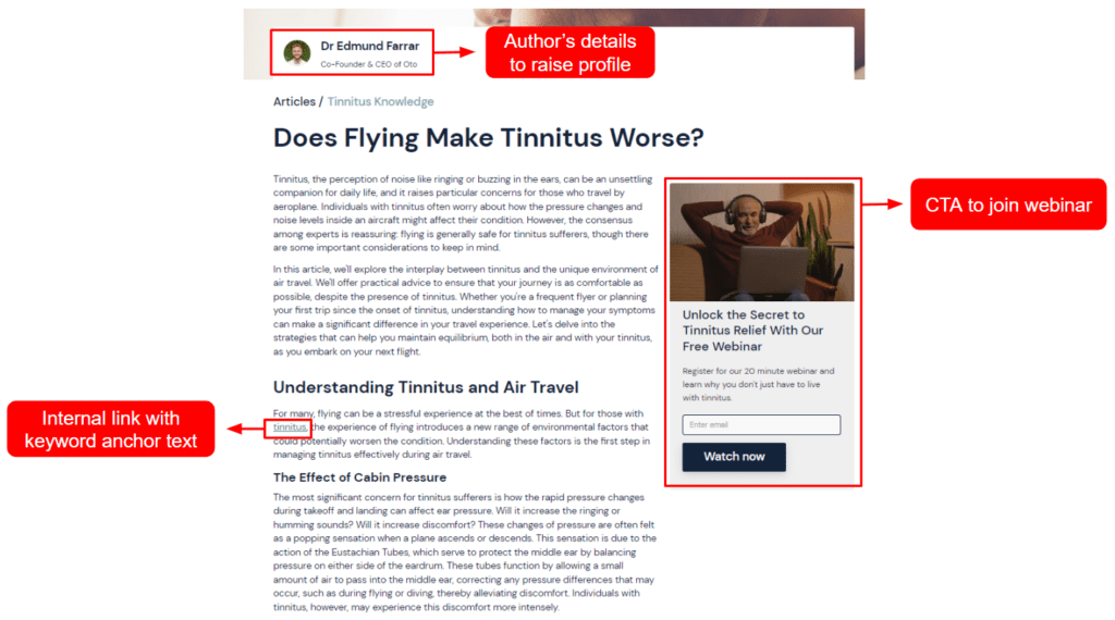 Screenshot of an Oto blog post showing on-page SEO structure including author details, headings, and CTAs