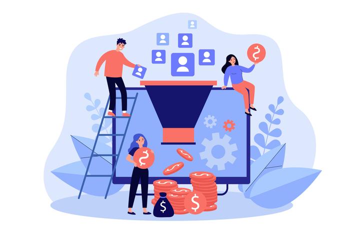 An illustration of three people in front of a computer with a lead funnel.