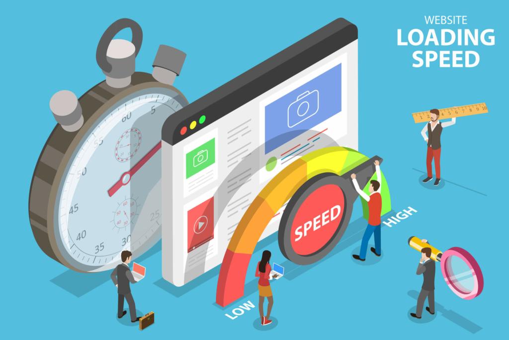 The image depicts an illustration of five people engaging in analyzing, monitoring, and improving the speed of a website.