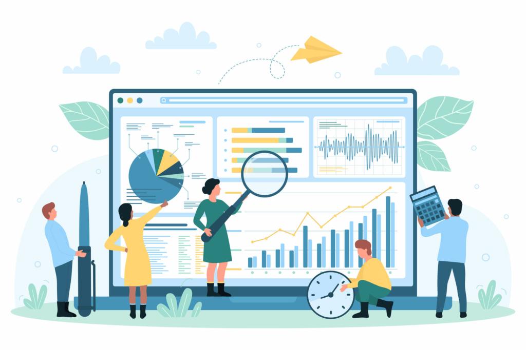 The image depicts an illustration of five people analyzing and monitoring the different data metrics of a website.