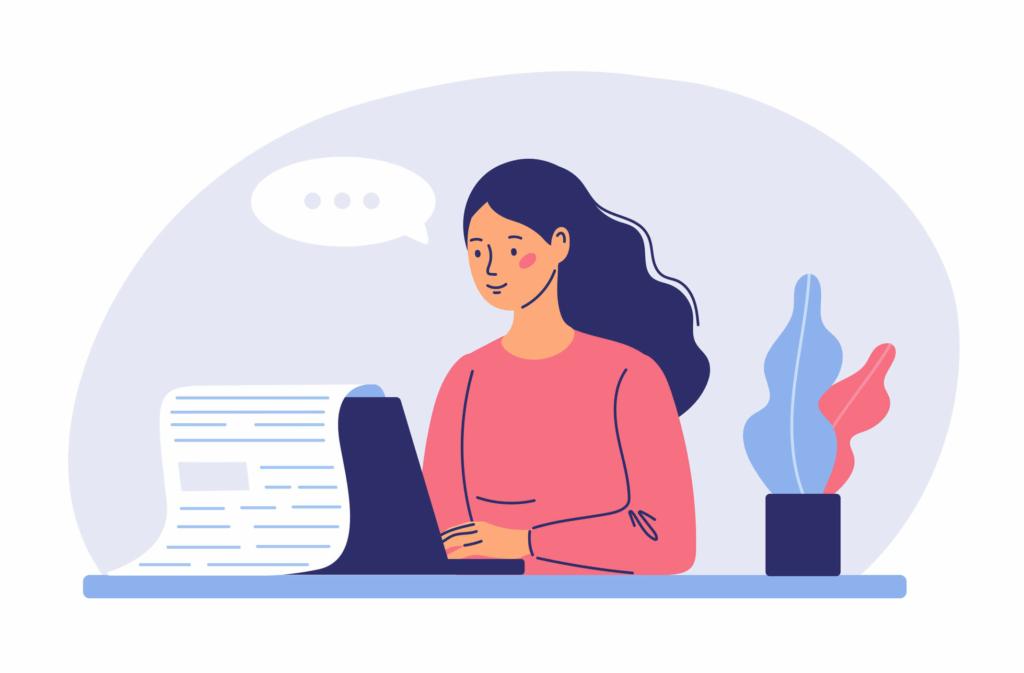 The image depicts an illustration of a person from the front, wearing a pink top, sitting on her chair, and working on a laptop, writing something.