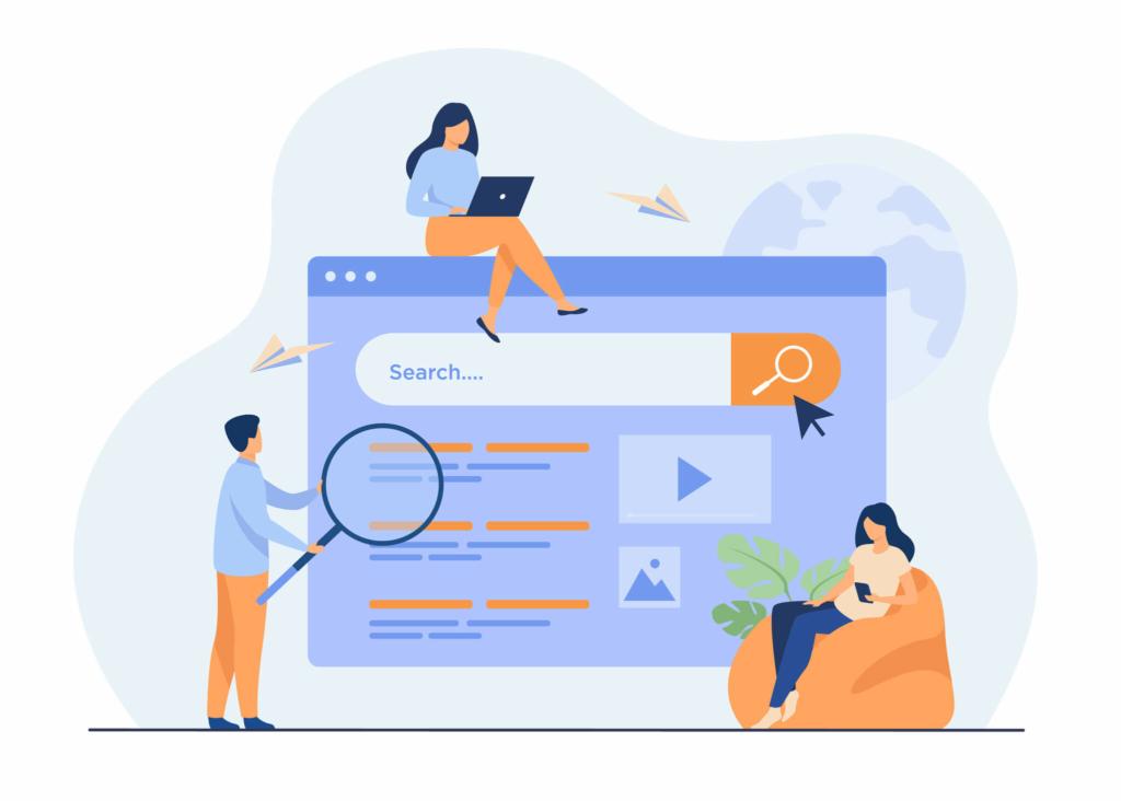 The image depicts an illustration of three people engaging in work in different poses, specifically focusing on the technical aspect of SEO.