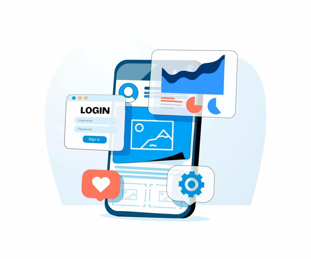 The image depicts an illustration of a mobile phone showcasing the different aspects of a user-friendly website interface, including the login page and the settings section.