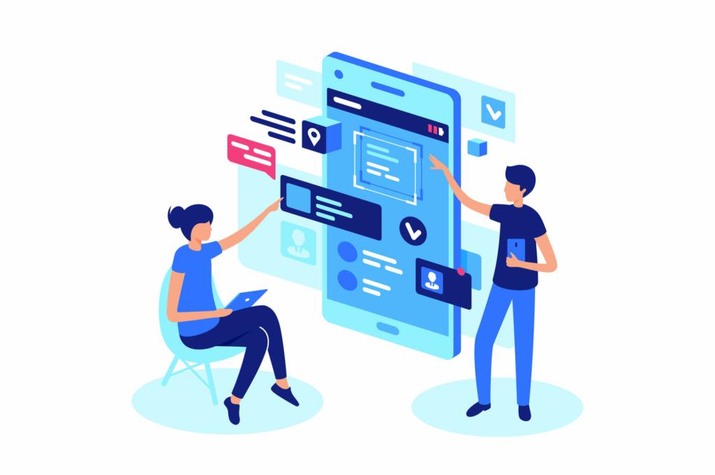The image depicts an illustration of two people pointing towards a mobile phone that has elements of a website on display.
