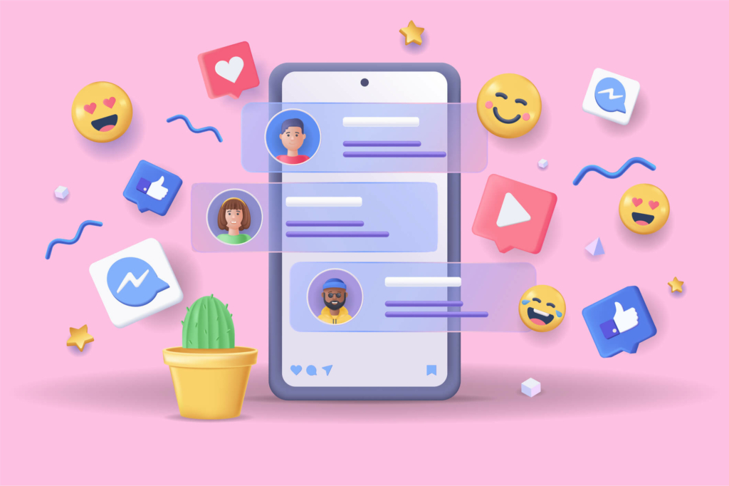 The image depicts an illustration of a mobile phone, visualizing the different interactions of social media, including likes, messaging, and reactions.