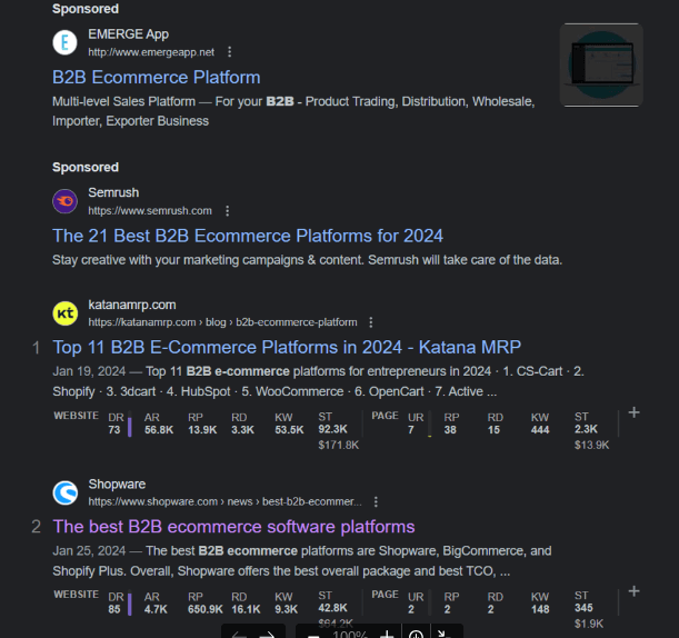 A screenshot from Google’s SERPs showing the “The Best B2B E-Commerce Platforms” blog article in second position for the target keyword “b2b e-commerce software,” a 40-position increase since NUOPTIMA started assisting Shopware.