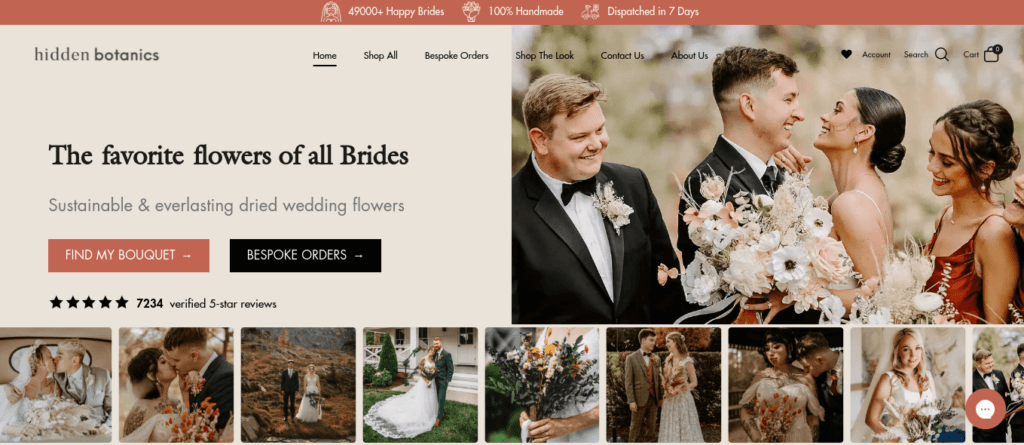 Homepage of the Hidden Botanics website showing dried and preserved wedding flower collections.