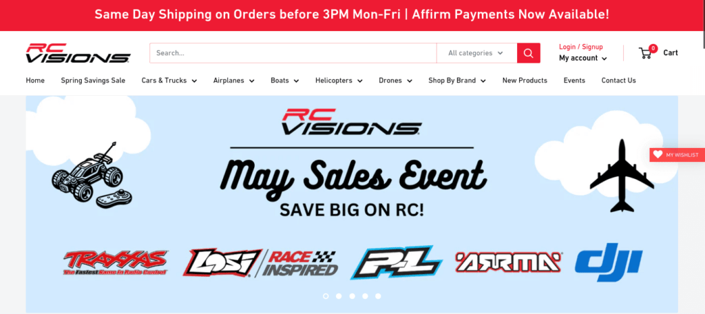 Screenshot of the RC Visions website homepage, showing their RC hobby vehicle product range.