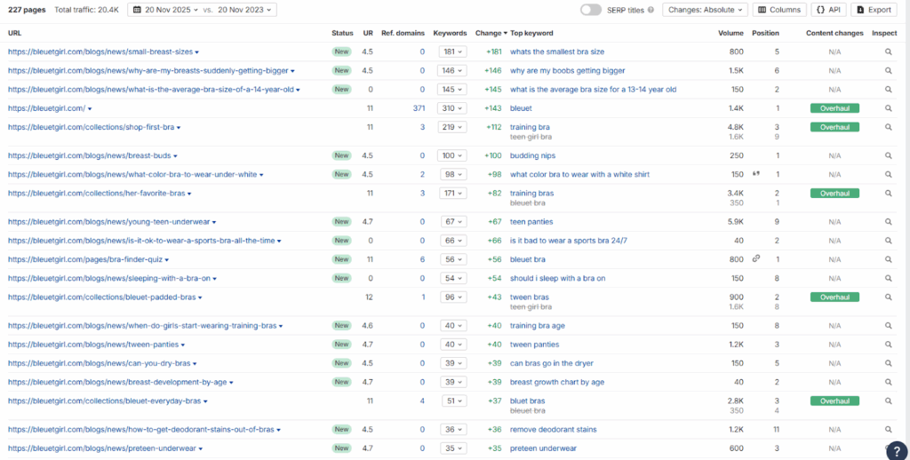Table showing 227 Bleuet URLs with a total estimated traffic of 20.4K, listing top-performing blog and collection pages with their status, URL rating, referring domains, keyword counts, traffic change and top keyword.