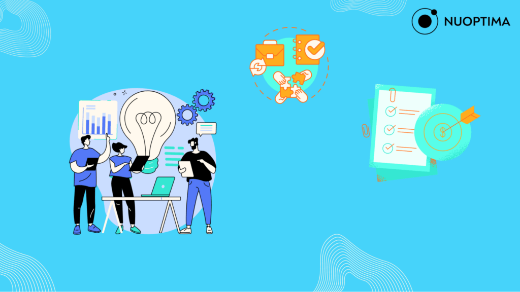 Graphic of business professionals analyzing and assembling puzzle pieces into a lightbulb, depicting strategic planning and problem solving.