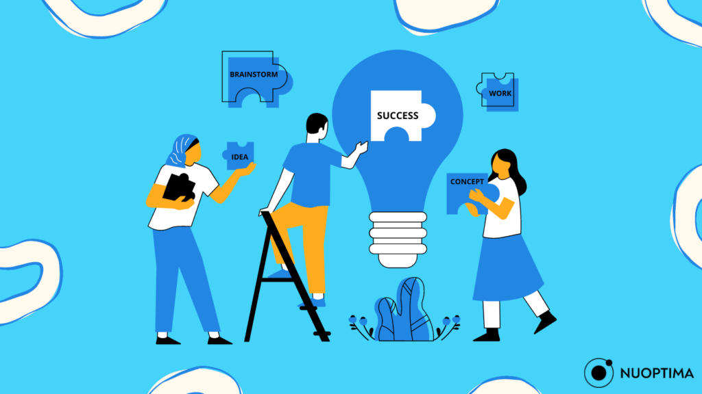 A creative representation of brainstorming around a large lightbulb, symbolizing innovation and idea generation in business.