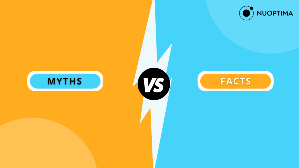 A split-screen graphic contrasting myths and facts in bold lettering, symbolizing clarification and truth in information.