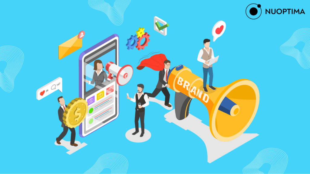 A vibrant portrayal of professionals discussing and showcasing branding strategies around a large megaphone.