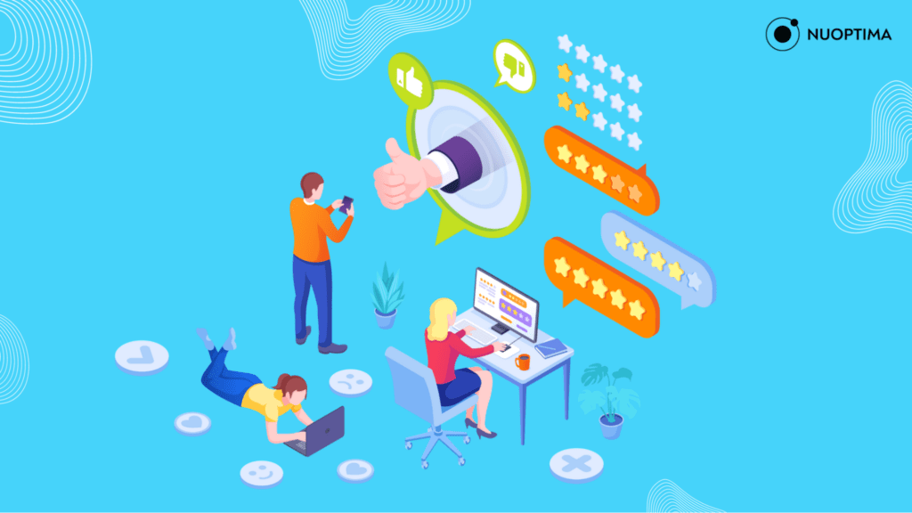 A visual depiction of different feedback mechanisms with professionals engaging through computers and direct interactions, highlighting the importance of customer opinions in business improvement.