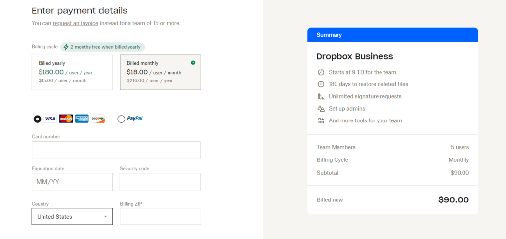 DropBox check out page