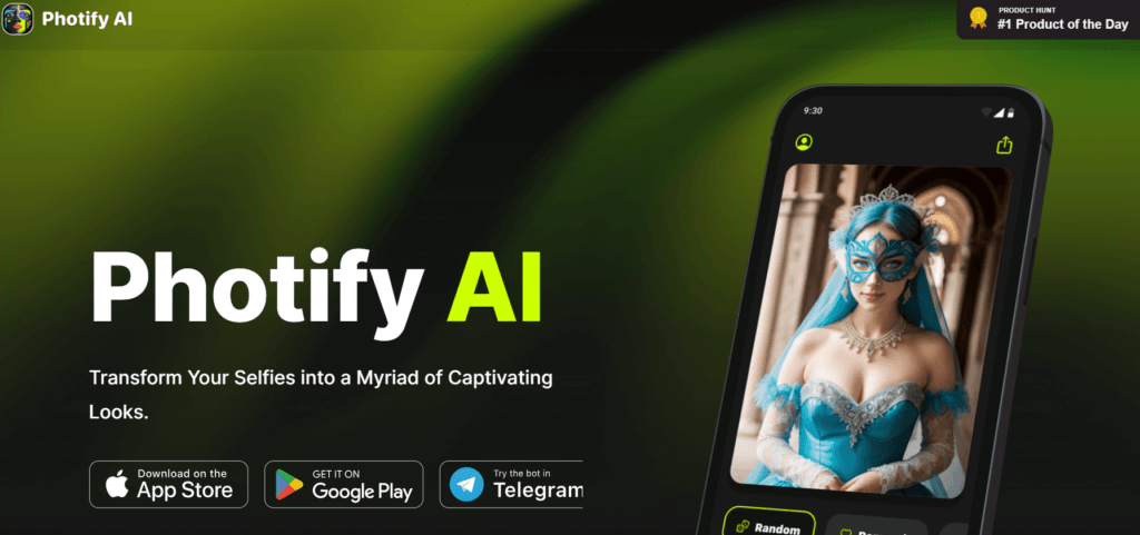 Photify AI app promotion with a woman in a blue costume and mask on a smartphone screen, text: 'Transform Your Selfies into a Myriad of Captivating Looks,' available on App Store, Google Play, and Telegram.
