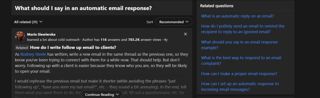 Quora question thread titled 'What should I say in an automatic email response?' with an answer by Maria Siewierska about writing follow-up emails.