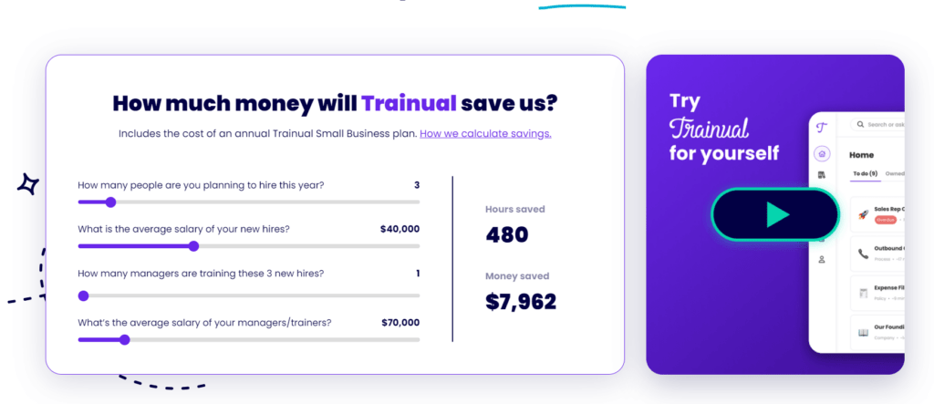 A section of a webpage titled 'How much money will Trainual save us?' with a cost-saving calculator showing adjustable sliders for number of hires, average salary of new hires, number of managers training new hires, and their salaries.