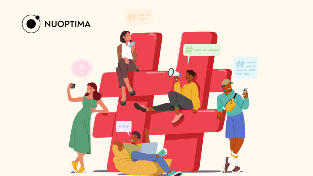 Illustration of people interacting with large blocks containing icons and text, representing different aspects of dark social media measurement."