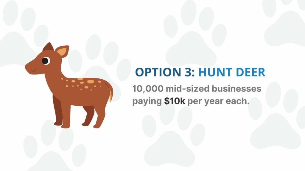 An illustration of a rabbit with the text "option 2: hunt deer - 10,000 mid-sized businesses paying $10k per year each" written beside it.