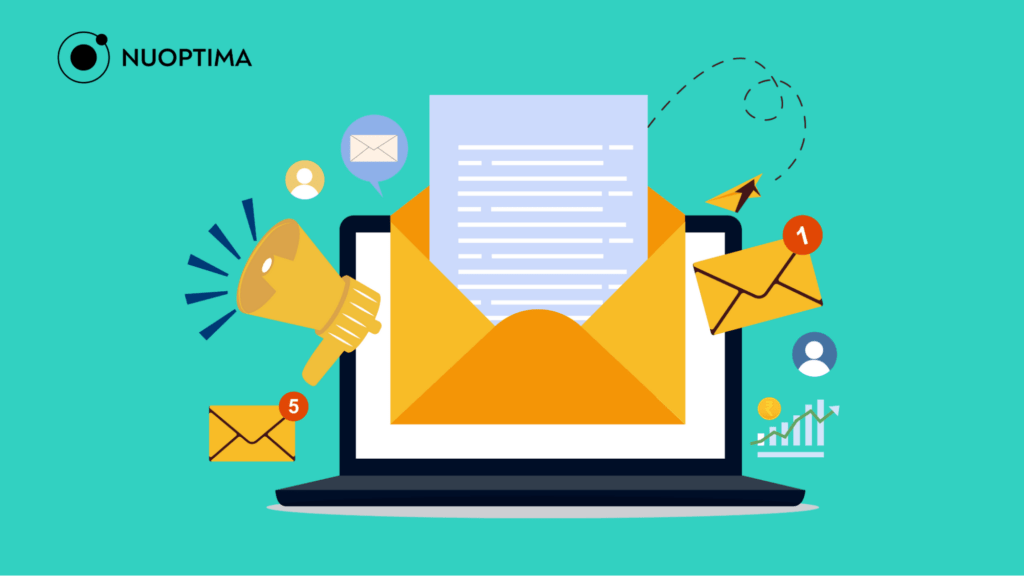 An illustration of a desktop with an opened email icon and other email-related icons surrounding it, suggesting the use of targeted and personalized emailing in ABM marketing.