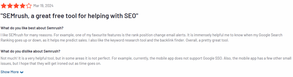 SEMrush review with a four-star rating, title 'SEMrush, a great free tool for helping with SEO,' and details on likes and dislikes of the tool dated March 19, 2024.