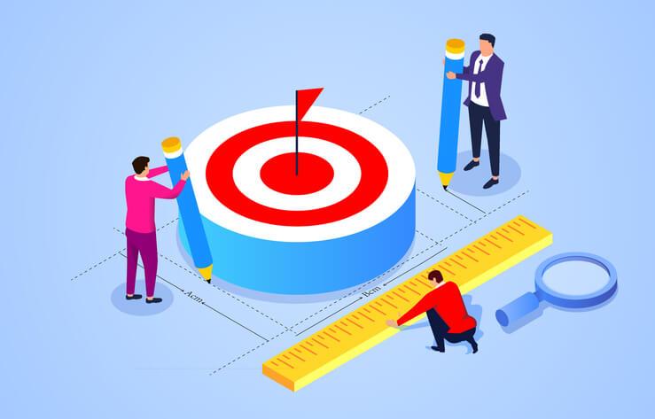An illustration of three men surrounding a bullseye target and measuring the target with a ruler and pencils, suggesting the strategic execution of business transformation.