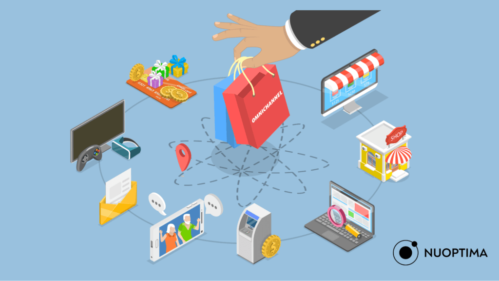 An illustration of a hand holding a bag with the word ‘omnichannel,’ surrounded by multiple marketing-related items and icons, suggesting the utilization of multi-channel marketing in ABM marketing.