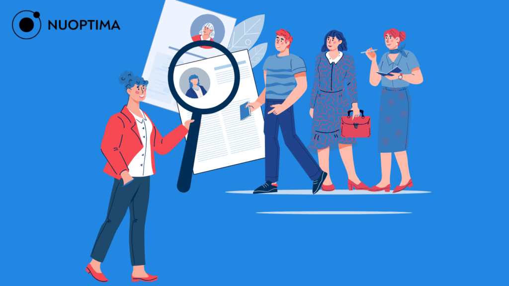 Illustration of a woman in a red jacket holding a magnifying glass, examining a piece of paper with a group of people standing behind her.