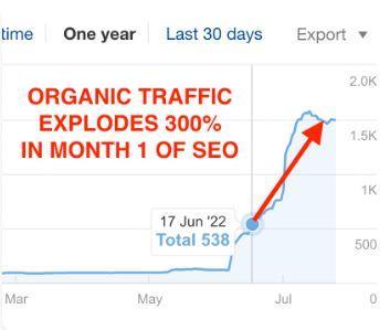 Chart screenshot from NUOPTIMA showing Zelt’s organic traffic explodes 300% in one month, showcasing our expertise in delivering tangible results for SEO for SaaS startups.
