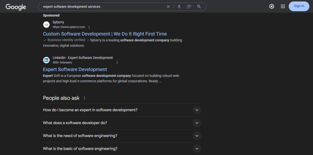 Google SERPS showing people also ask section for “expert software development services” search query