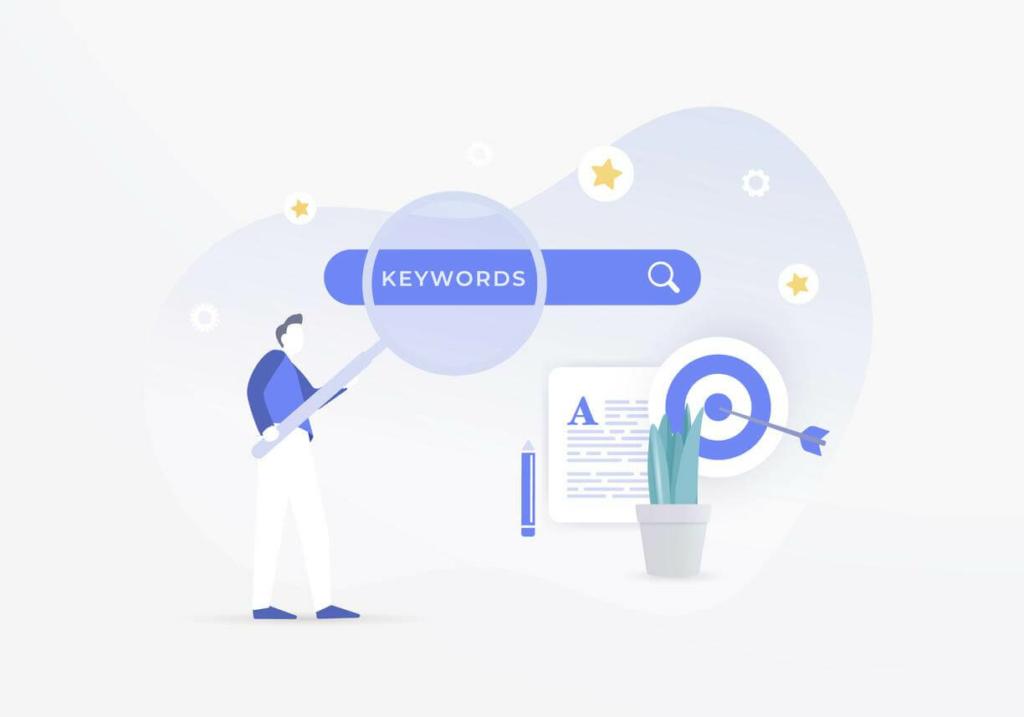 Image of a man holding a magnifying glass to show “keyword” in the search engine, illustrating the importance of on-page SEO for startups. Also, there’s a bull’s eye, a vase, a pen and paper.