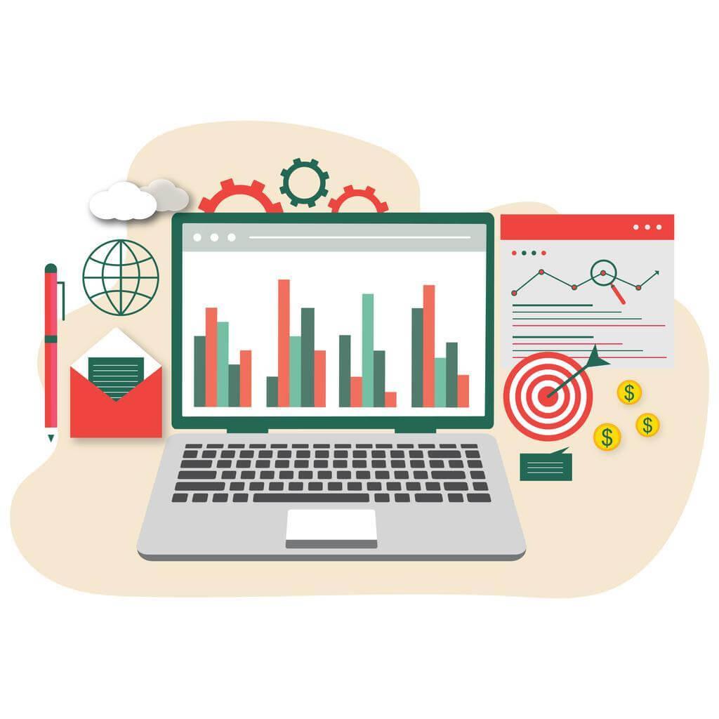 Image showing a laptop with a graph on the screen. It has icons like an arrow, coins, cogs, pen, and envelope, demonstrating tracking and measuring success in fintech SEO.