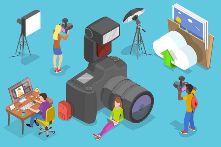 Image showing a large camera with someone on a laptop sitting down beside it. Also, two people hold cameras, and the last person sits in a chair, pressing a desktop on the table. All illustrate the power of social media in SEO for photographers.