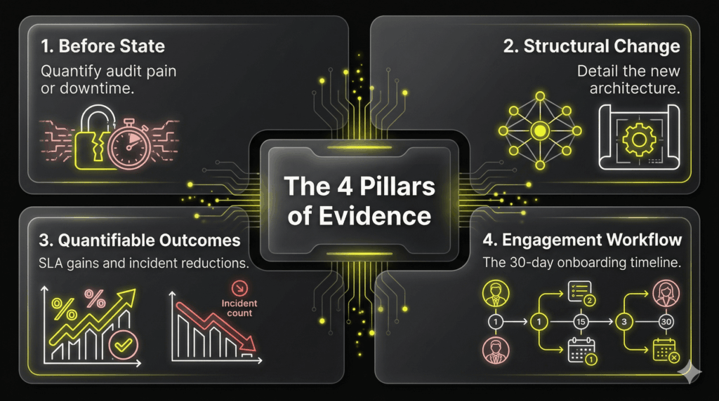 Four-pillar layout detailing Before State, Structural Change, Quantifiable Outcomes, and Engagement Workflow.