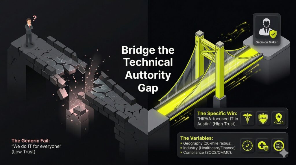 Split-screen diagram comparing a broken bridge (Generic MSP) to a reinforced solid bridge (Specialized MSP) reaching a Decision Maker.