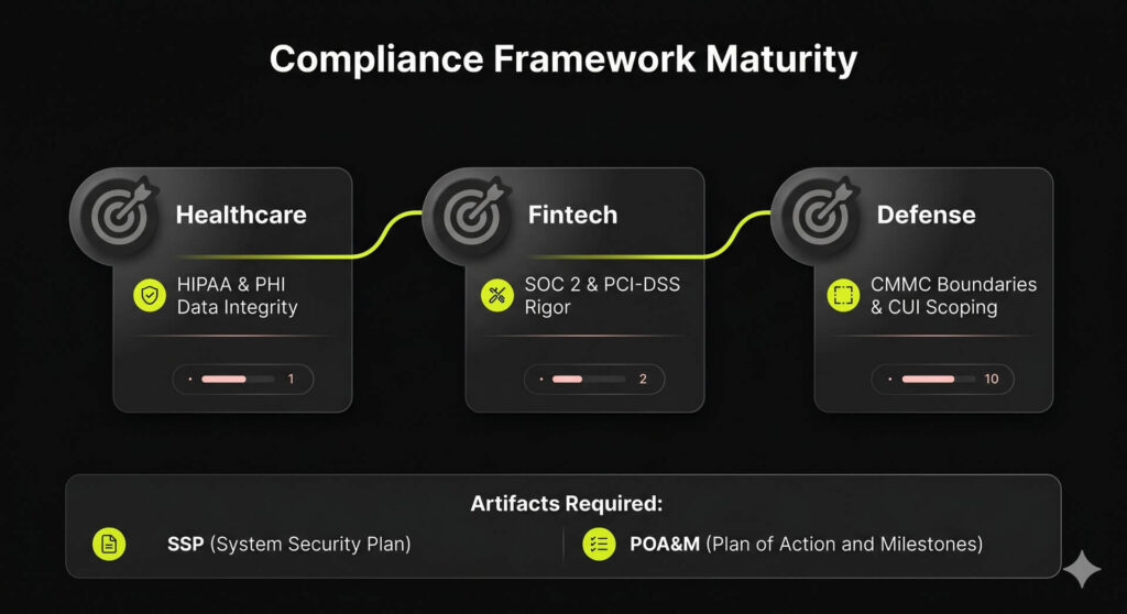 Three icons representing target markets for IT compliance, Healthcare, Fintech, and Defense, highlighting the need for framework-specific depth like HIPAA and CMMC.