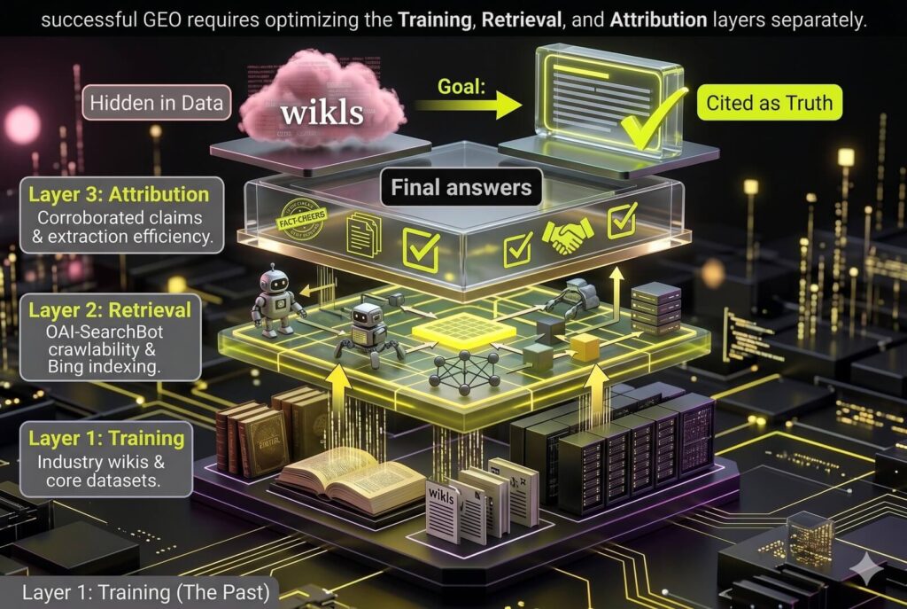 A 3-layer architectural infographic showing the training, retrieval, and attribution layers of AI visibility and how to optimize for each stage.
