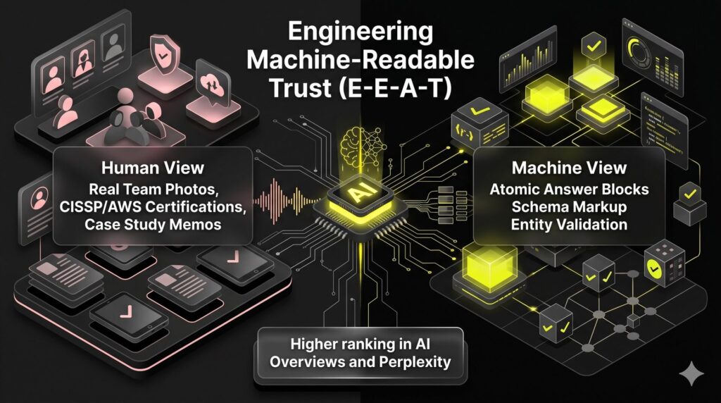 A split-screen infographic showing how to engineer trust. The left side highlights human trust signals like certifications, while the right side shows machine-readable signals like schema and atomic answer blocks.
