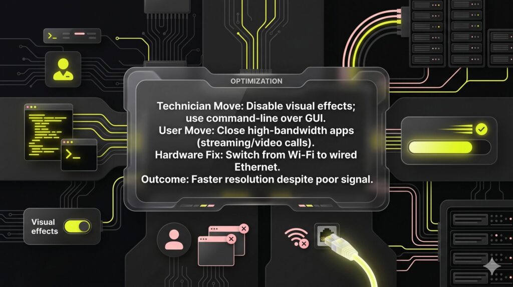 An infographic titled The Low-Bandwidth Playbook, showing how technicians and users can optimize network speed by disabling visual effects and using wired connections.
