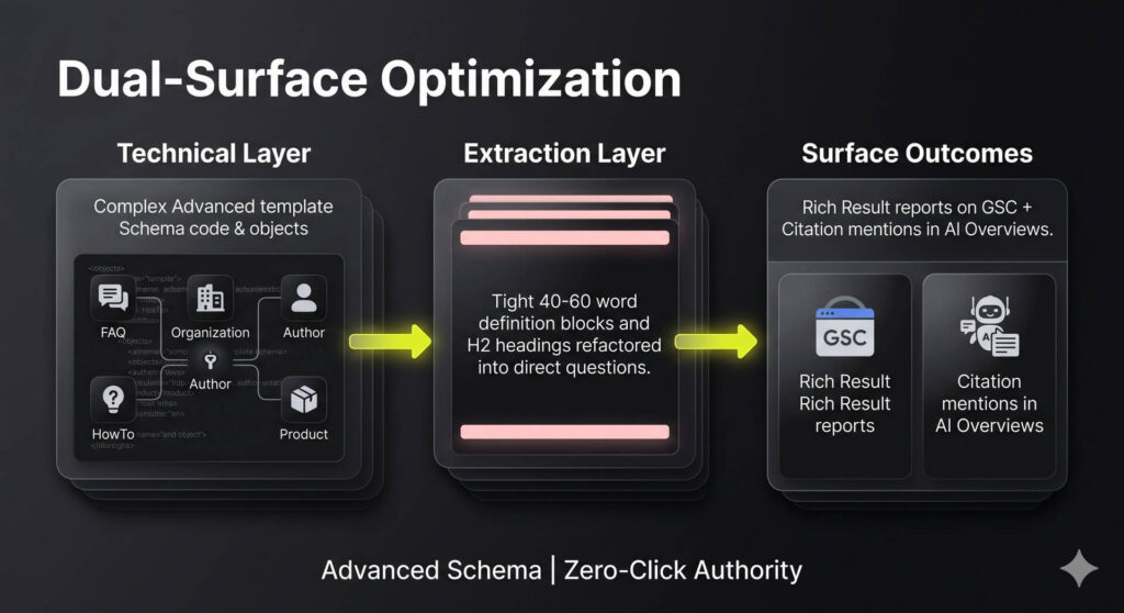 Stack diagram infographic mapping technical schema types and on-page formatting blocks to generate machine-readable search answers.