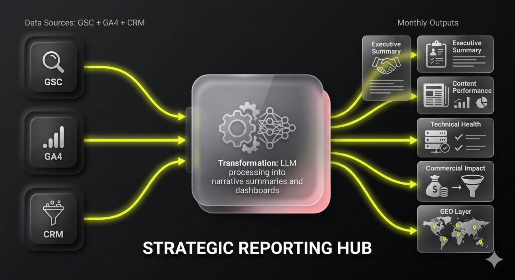 Flow diagram infographic visualizing data synchronization between search, analytics, and CRM platforms converting raw data into executive business outcomes.
