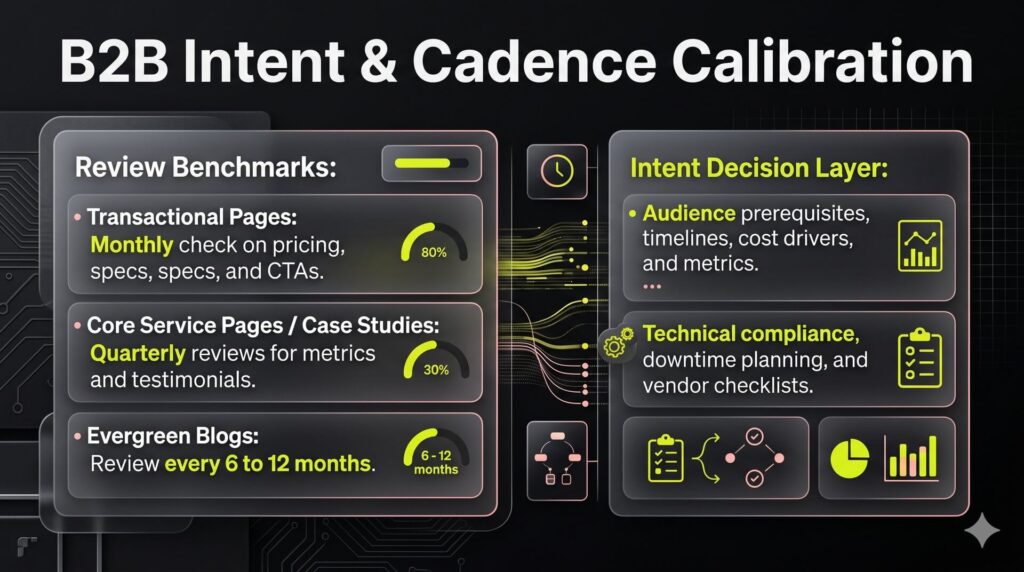 An operational template chart showing the mandatory update cadence for B2B pages side-by-side with an evaluation checklist for buyer intent changes.