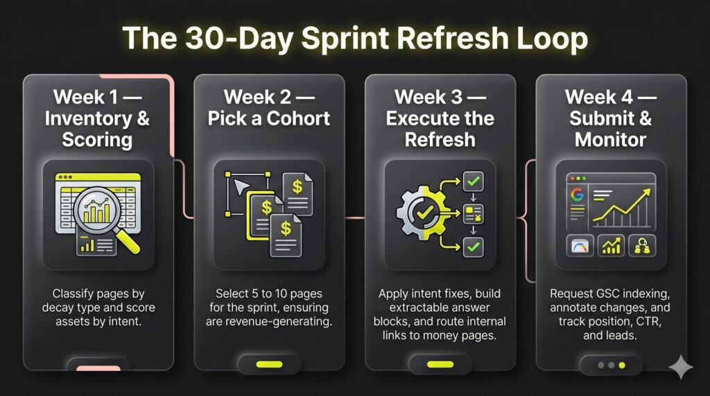 A process timeline diagram detailing a 4-week content refresh sprint workflow covering inventory classification, cohort selection, extraction updates, and index tracking.