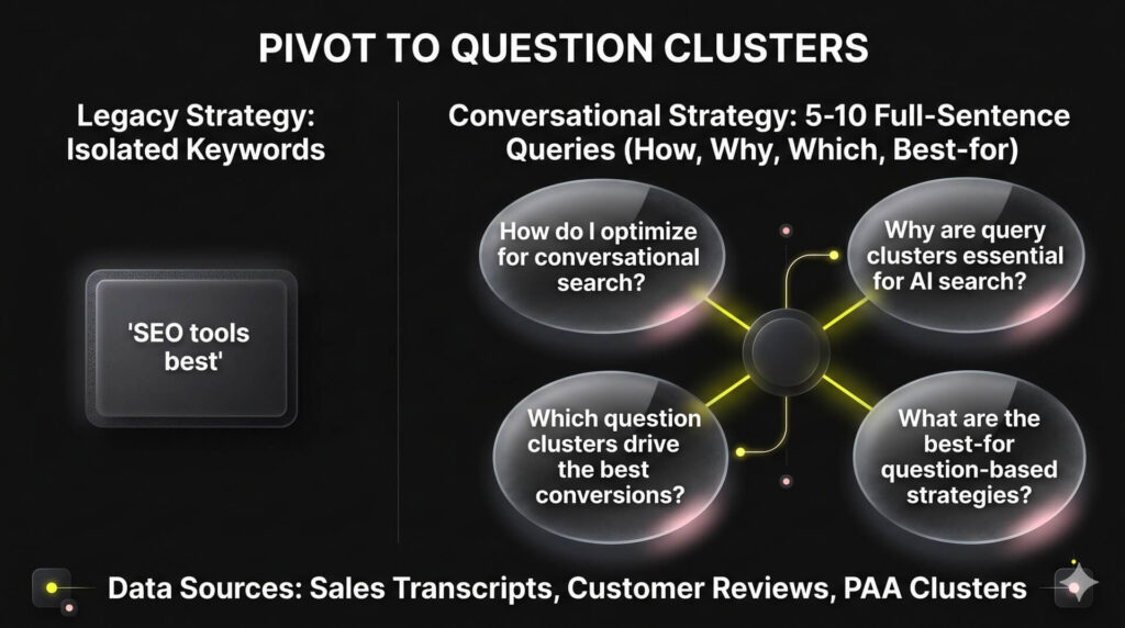 Infographic diagram comparing a single isolated keyword block against a multi-branched conversational cluster of full-sentence questions.